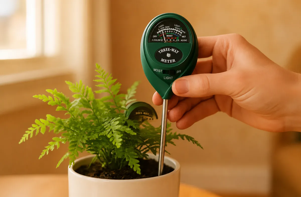 Checking soil moisture in a raised vegetable garden bed with a SoilSense meter